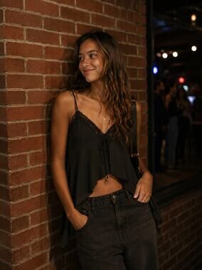 One By One Black Lace Trim Tank Top Y2K Whimsigoth Witchy Size Small Flowy Club